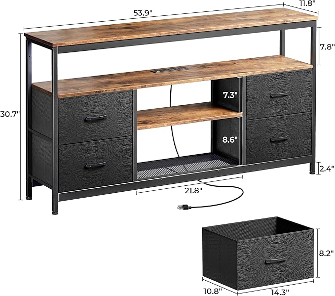 Huuger TV Stand Dresser with Power Outlets and LED Lights 4 Drawers Entertainment Center with Shelves 54 Inch Media Console for 55 60 Inch TV PU Finish Rustic Brown and Black