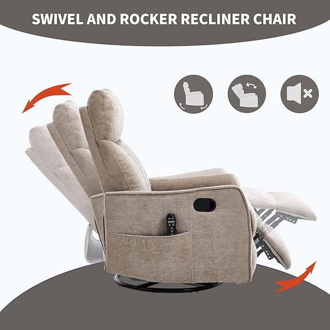 Khaki 360° Swivel Rocker Recliner Chair Massage Reclining Chair with 8-Point Vibration &amp Lumbar Heat for Adults Elderly 155° Recline Easy Assembly for Living Room