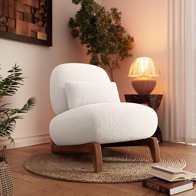 Morden Fort 2 Piece Cloud Couch Set Modern Sherpa Boucle Sofa Set with Wood Legs Skin-Friendly Minimalist Upholstered Comfy Couch Sofas for Living Room 3-Seater Sofa &amp Tilt Back Chair Off Whit