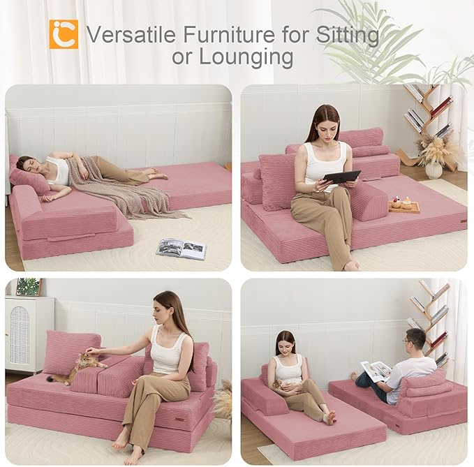 COMAX Futon Sofa Bed Convertible Folding Sofa Bed Boneless Couch Loveseat Corduroy with Pillows Small Foldable Floor Couch Comfy Lounge Sleeper for Living Room Bedroom Pink