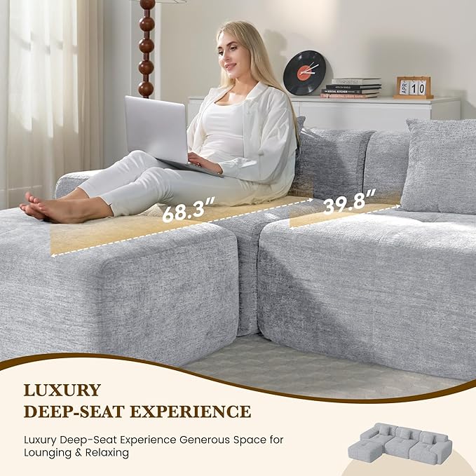 158 U Shaped Convertible Modular Couch Cloud Couch Sectional with Ottoman 6-Seater Chenille Boneless Couches for Living Room Apartment No Assembly Light Grey 1PCS