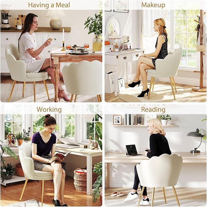 Furniliving Velvet Vanity Chair Shell Accent Chair for Living Room Upholstered Accent Chair with Gold Metal Legs Makeup Chair for Vanity Armchair Guest Chairs Side Chair for Bedroom (Khaki 1)