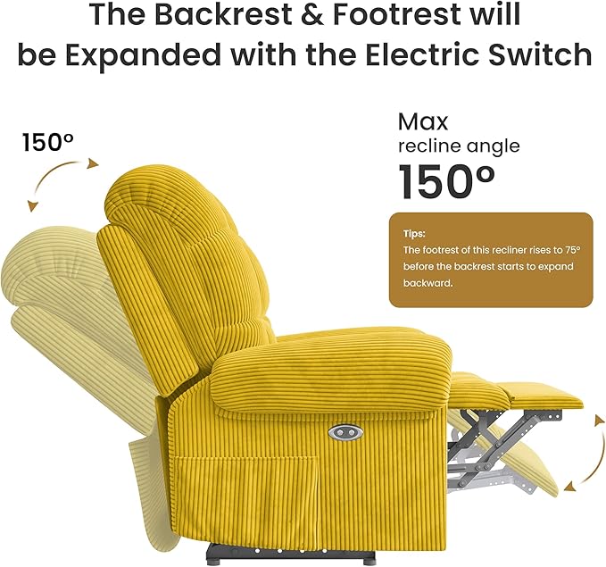 Power Recliner Chair Reclining Chair Comfy Corduroy Small Recliners for Small Spaces Adjustable Electric Recliner Chairs for Adults Electric Recliners with USB Port &amp Side Pockets Apricot