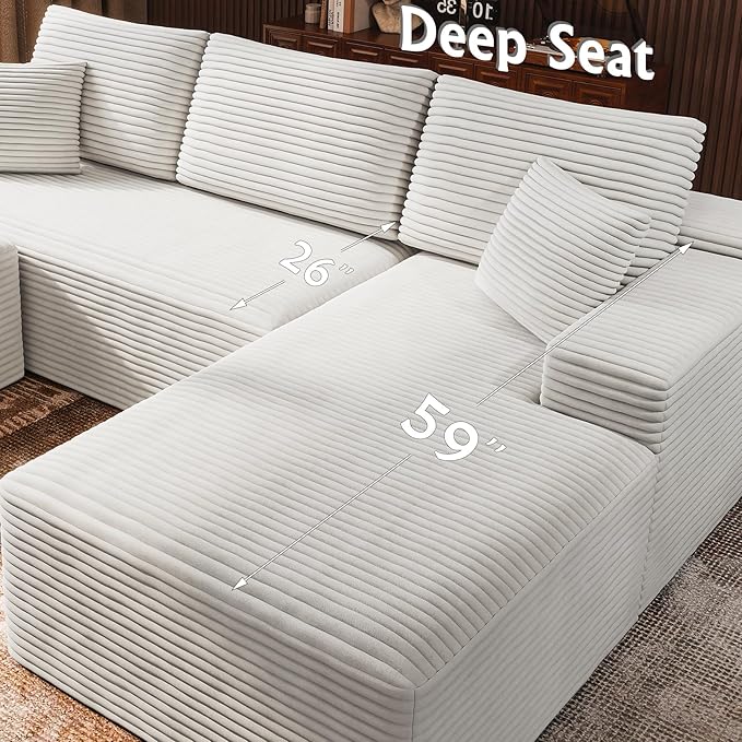 3-Piece Boneless Modular Sectional Sofa Cloud Couch Right Facing Chaise with Ottoman Oversized Deep Seat Soft Corduroy Fabric Sectional Couch for Living Room-White