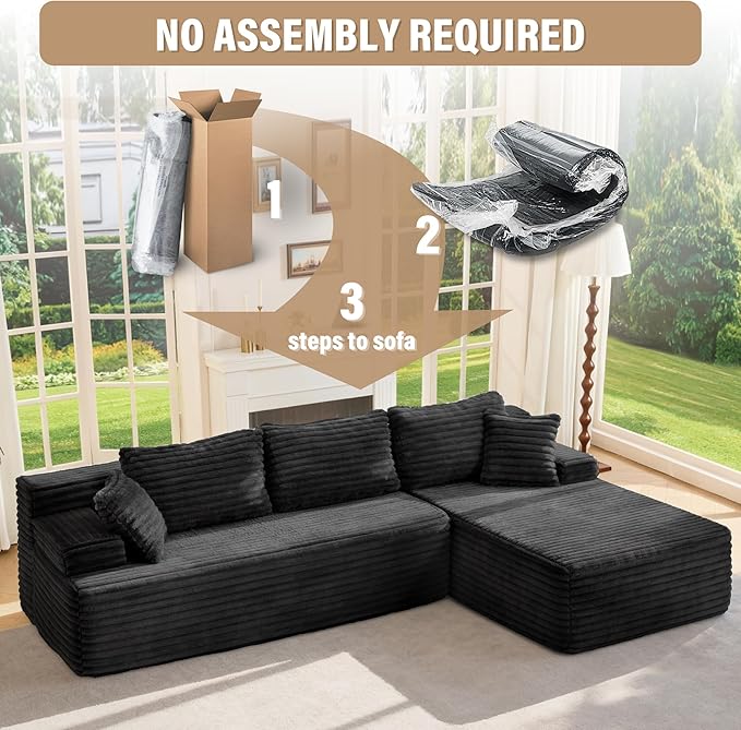 Hobestluk Modular Sectional Couch Sofa 108 Boneless Couches for Living Room Memory Foam Sectional Couch with Oversized ChaiseL-Shape Couches (Black Right Facing)