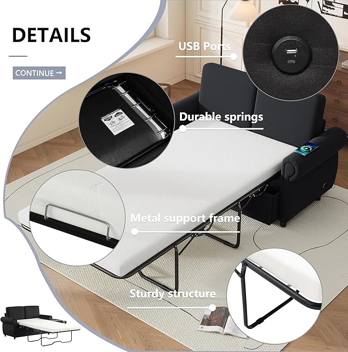 Merax 57.9 Loveseat Sofa Couch with Pull Out Bed 3 in 1 Convertible Line Fabric Sleeper Sofa Bed with 2 USB Ports and Twin Size Memory Mattress for Apartment Office Living Room (Black)