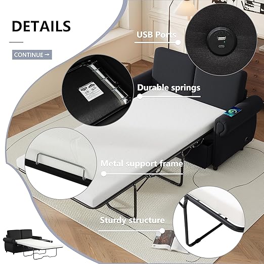 Ball &amp Cast 58 Loveseat Futon Sofa-BedConvertible Pull Out CouchLinen Upholstery Sleeper Sofa Bed with Twin Size Memory Mattress&ampUSB PortOverstuffed Back CushionChaise Lounge for Livingro