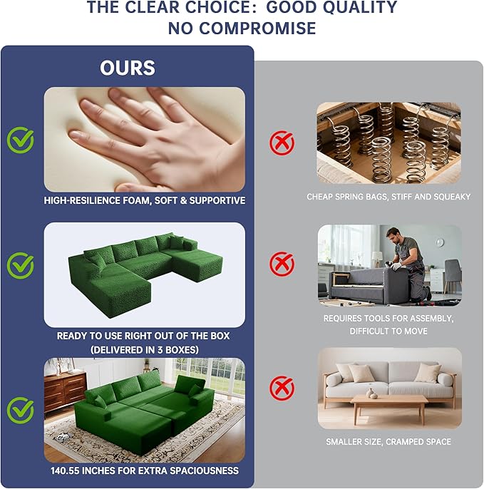 140 U-Shaped Modular Sectional Sofa for Living Room3 Seater Cloud Sectional Couch with Chaise LoungeDeep Seat with PillowsNo Assembly Required (Green)