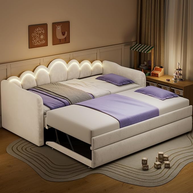 Bellemave Twin XL Size Upholstered Velvet Daybed with Trundle &amp Adjustable 7-Color LED Lights Trundle Can be Flat or Erected Space-Saving Guest Bed No Box Spring NeededWhite