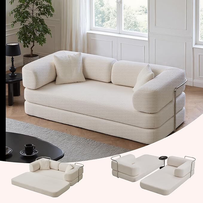 MYFUNSHOP Sleeper Sofa Bed4-in-1 Convertible Folding Boneless CouchFoldable Love Seat with Blanket Pillow Corduroy Floor Futon Couch for Living RoomBedroomLounge Studio