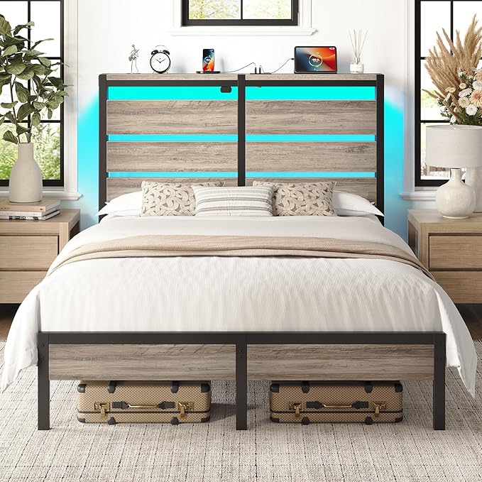 Rolanstar Queen Bed Frame with LED Lights and Charging Station Wood Storage Headboard and Under Bed Storage Metal Platform Noise Free No Box Spring Needed Grey
