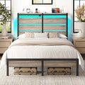 Rolanstar Queen Bed Frame with LED Lights and Charging Station Wood Storage Headboard and Under Bed Storage Metal Platform Noise Free No Box Spring Needed Grey