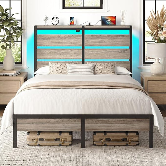 Rolanstar Queen Bed Frame with LED Lights and Charging Station Wood Storage Headboard and Under Bed Storage Metal Platform Noise Free No Box Spring Needed Grey