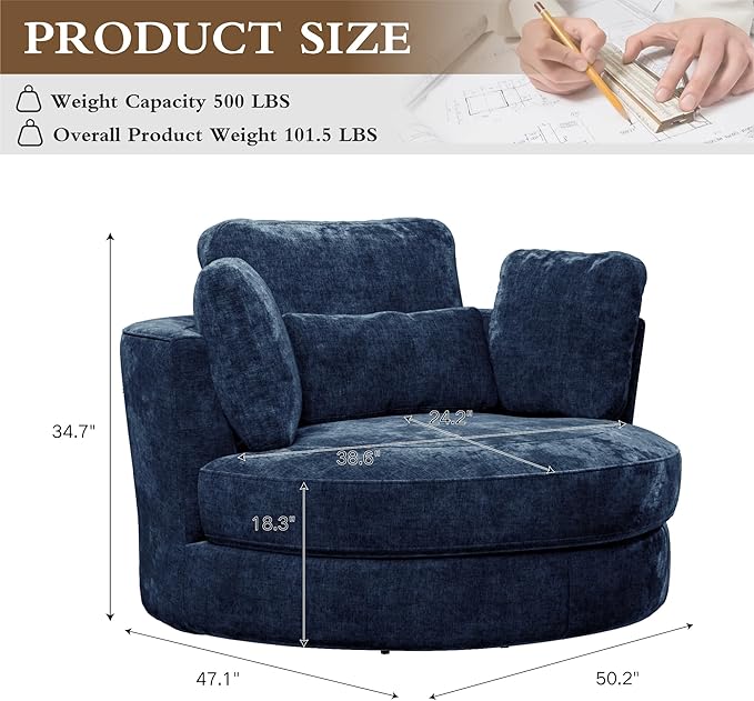 Chifee &amp Vingol 50.2 Oversized Swivel Accent Chair Upholstered Round Barrel Chair with Pillows Swivel Chairs for Living Room BedroomChenilleNavy