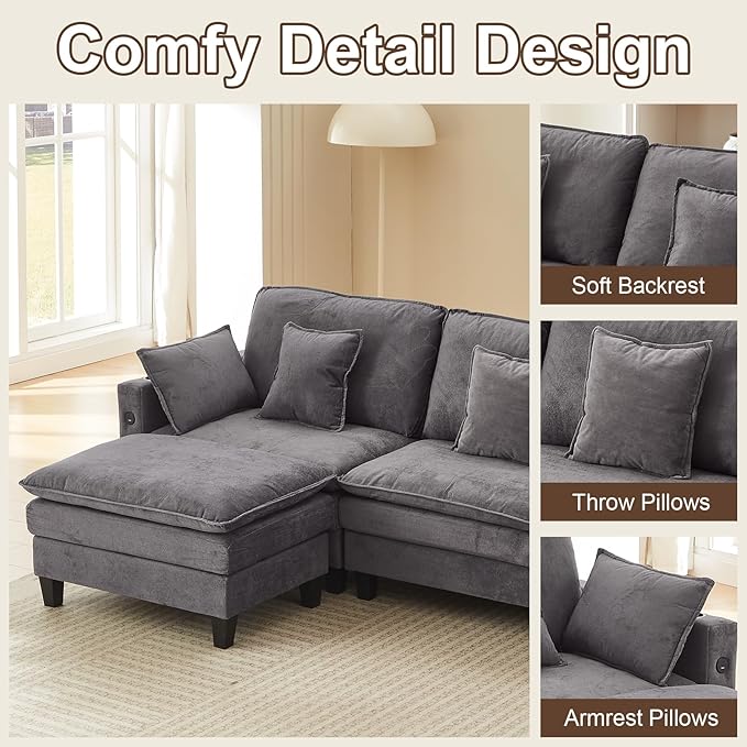 152 Modular Sectional Couches for Living Room U Shaped Cloud Couch with Ottoman Chenille Deep Seat Sofa Cloud Sectional Couch with Charging Station Cup Holder Side Pocket Grey