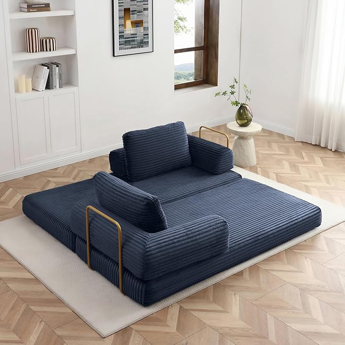 Convertible Sleeper Sofa Bed 79.5 Folding Floor Sofa Mattress Couch with Pillows Corduroy Futon Boneless Couch Lounge Loveseat with Pull Out Bed Blue