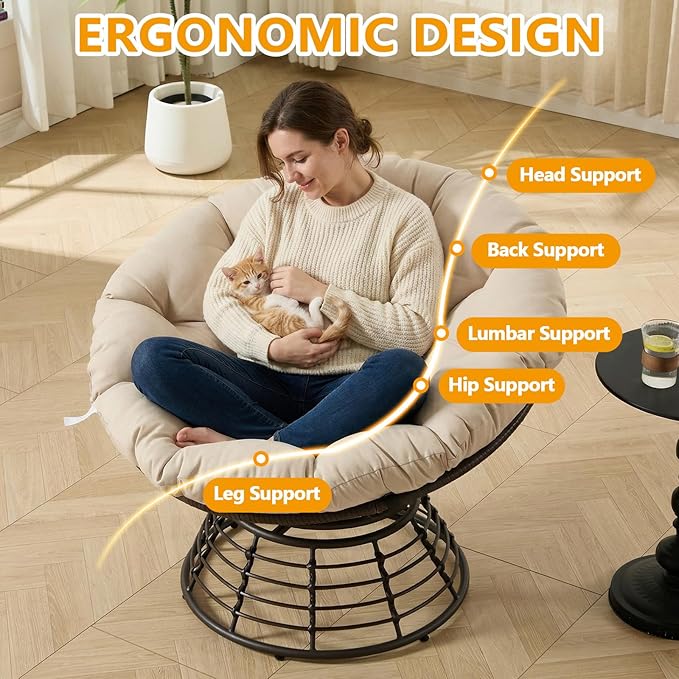 36” Papasan Chair with Cushion and Frame Oversized Papasan Chairs 360° Swivel Polyester Adjustable Feet Suitable for Living Room Patio Bedroom Indoor/Outdoor (Beige)