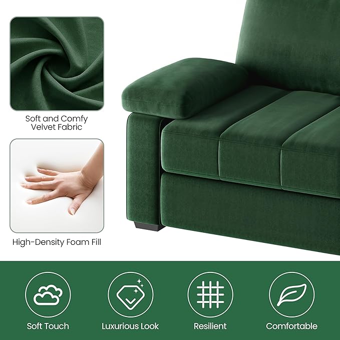 Yaheetech 79 Velvet Modern Sofa Couch with Storage Pockets and USB Ports 2 Seater Comfy Loveseat Sleeper with Removable Armrest Pillow &amp Cover for Living Room Apartment Bedroom Green