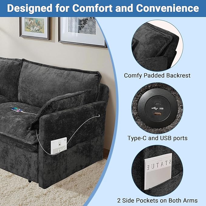 73 Sleeper Sofa Bed 3-in-1 Pull Out Couch with USB/Type-C Charging &amp Side Pockets Convertible Chenille Loveseat Chaise Lounge Space-Saving Sofa for Living Room Black