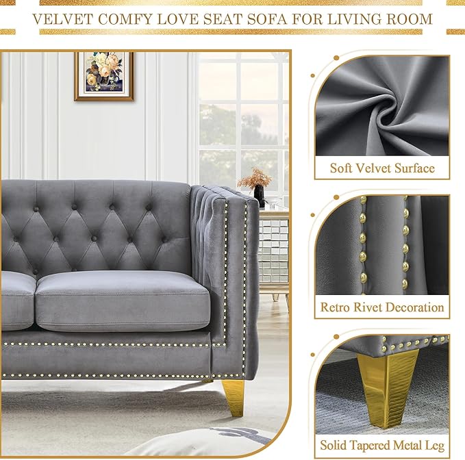 58-Inch Velvet Loveseat Sofa Comfy Couch for Living Room Modern Sofa with Tufted Back and Rivet Decoration Upholstered Small Love Seat with Solid Golden Metal Tapered Legs Grey