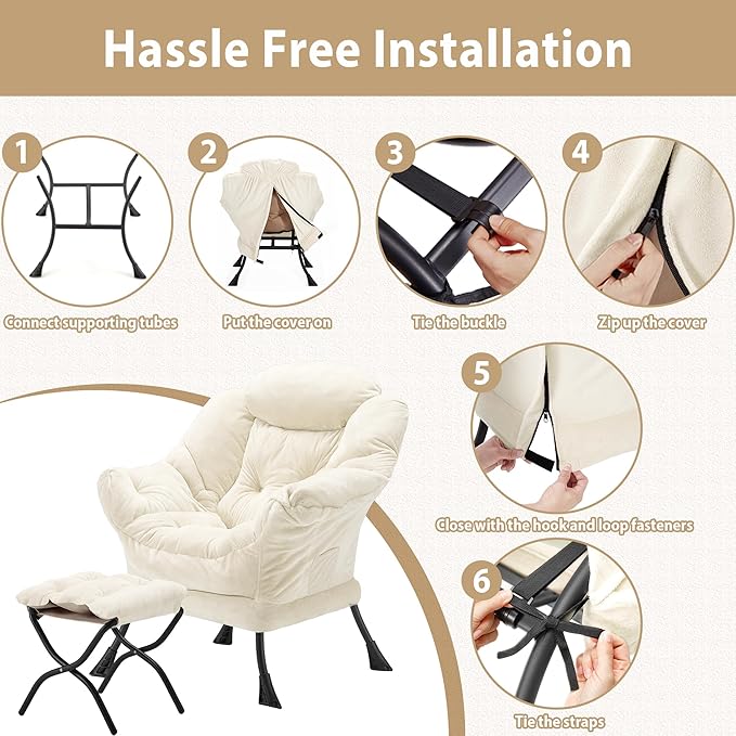 Lazy Chair with Folding Ottoman Accent Chair Plush Upholstered with Metal Structure and Non-Slip Pads Sofa Armchair with Footrest and Side Storage Bag for Dorm Room Office Beige