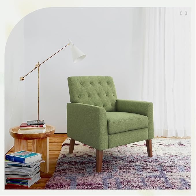 LUE BONA Linen Accent Chair 18.5 H Upholstered Button Tufted Arm Chair Comfy Living Room Chair with Arms Modern Armchairs for Bedroom Living Room Avocado Green