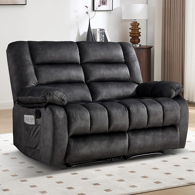 EBELLO Reclining Loveseat Overstuffed Comfortable Armrest 2 Seat Recliner Sofa Manual Reclining Couch for Living Room Bedroom Furniture Grey (Loveseat)