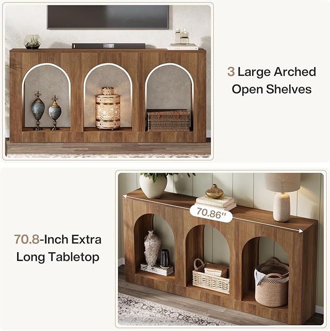 Tribesigns 70.9 Console Table with Storage Wood Entryway Entry Table with 3 Arched Shelves for Foyer Hallway Living Room Behind Couch Sofa Narrow Long Brown