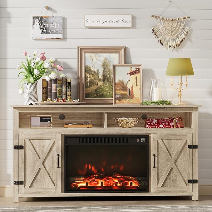 Furmax Farmhouse Fireplace TV Stand for TVs Up to 65 Inch Highboy Entertainment Center with Open Storage and Side Cabinets Rustic Media Console Table with Barn Doors for Living Room (Natural Oak)