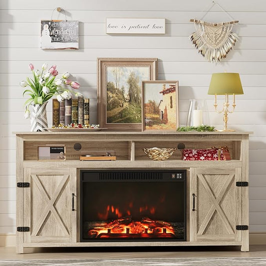 Furmax Farmhouse Fireplace TV Stand for TVs Up to 65 Inch Highboy Entertainment Center with Open Storage and Side Cabinets Rustic Media Console Table with Barn Doors for Living Room (Natural Oak)