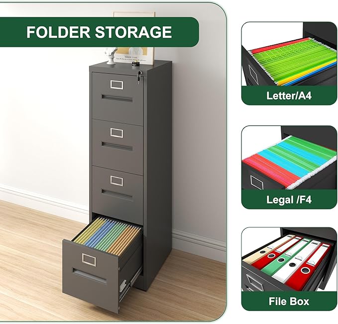 4 Drawer File Cabinet with Lock Metal Vertical File Cabinet Office Home A4 Legal/Letter Size Narrow File Cabinet LockedAssembly RequiredBlack