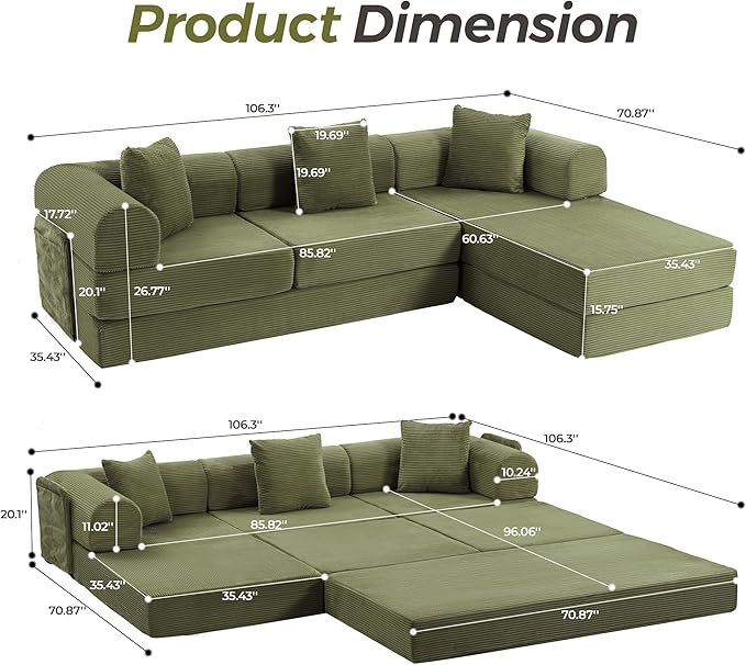 106.3 Oversized Convertible Sleeper Sofa Bed L Shape Modular Sectional Cloud Sofa with Fixed-Shape Frame Boneless Couch with Storage Pocket for Living Room No Assembly Required Green
