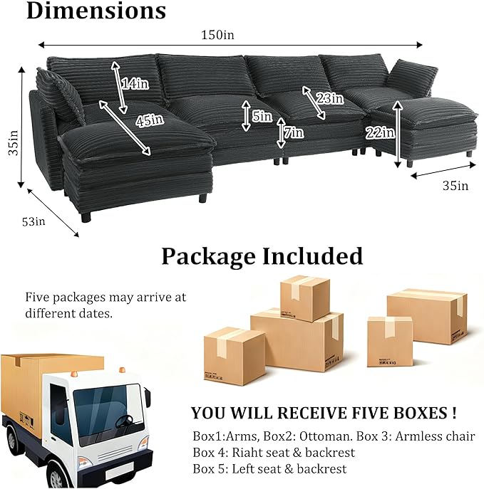 150'' Modular Sectional Sofa Comfy Cloud Couch with Movable Ottoman Deep Seat Corduroy U Shaped Modular Sofa Sectional Couches for Living Room Bedroom and Apartment Dark Grey