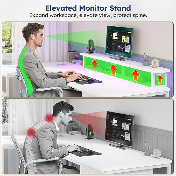96.5'' Computer Desk with Drawers Gaming Desk with LED Lights &amp Monitor Shelf Office Desks with Power Outlets L Shaped White Corner Desks for Home Office Study Room and Bedroom White