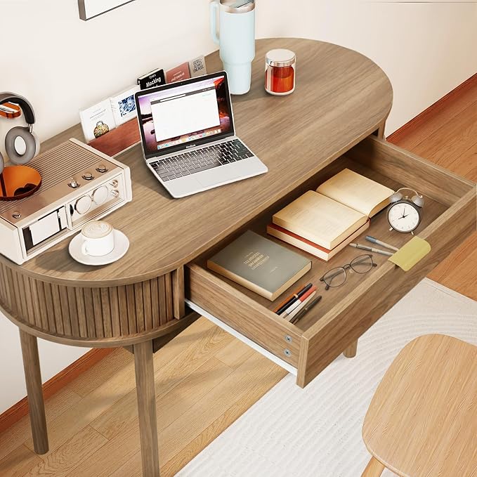 Oval Wood Desk with Drawer39.37 Inch Small Study Work Writing Desk Computer Gaming TableStudent PC Storage MDF Desk for Home Office Bedroom Living Room(Brown)