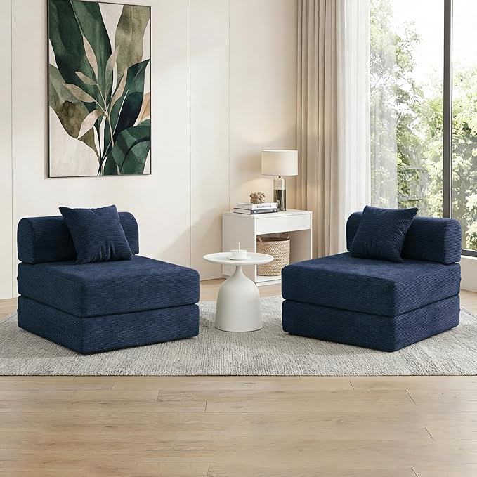 31.5'' Convertible Compressed Corduroy Folding Cloud Sofa Bed Set of 2 2 Pieces Modern Boneless Pull Out Sleeper Sofa Couch 3 in 1 Portable Floor Lounge Chair Set No Assembly Needed Navy Blue