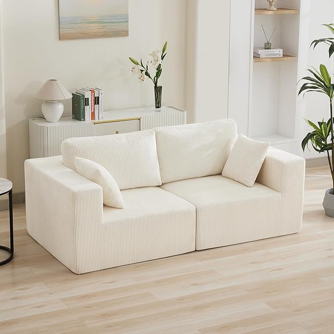 83'' Boneless Loveseat Sofa Comfy Deep Seat Sectional Cloud Couch No Assembly Corduroy Love Seat for Living Room Beige
