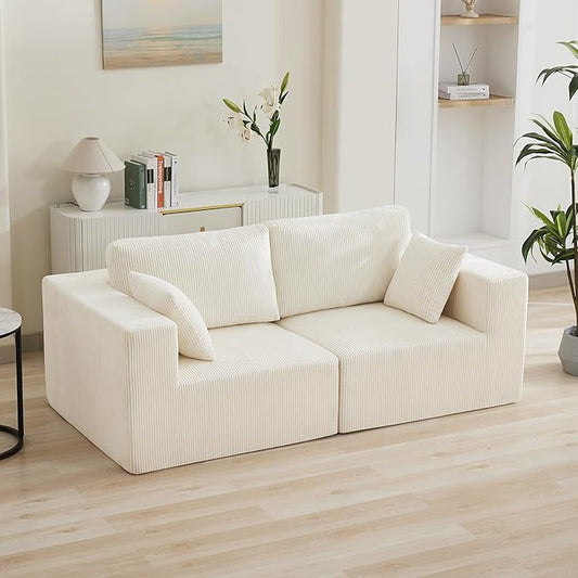 83'' Boneless Loveseat Sofa Comfy Deep Seat Sectional Cloud Couch No Assembly Corduroy Love Seat for Living Room Beige