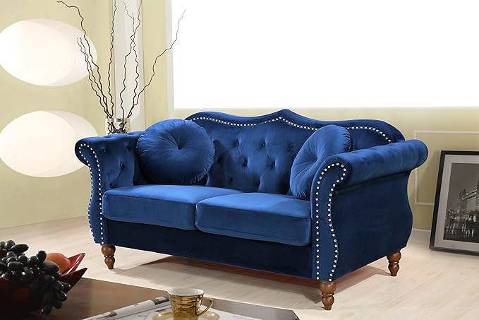 Anna1 Chesterfield Velvet Couches for Living Room Button Tufted Luxury Upholstery with Rolled Arms High-Density Foam Durable Wood Frame 65.5 Loveseat Blue Mist