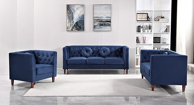 Kittleson Classic Chesterfield Velvet Accent Chair with Elegant Button Tufted Backrest Square Legs High-Density Foam &amp Accent Pillows Arm Chair for Living Room Chair Dark Blue