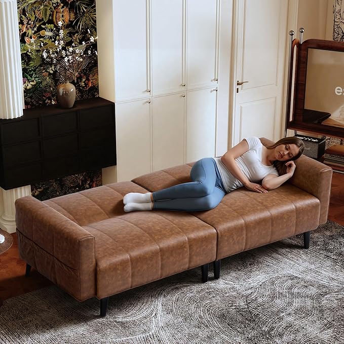 83 Mid Century Modern Futon Sofa Bed 3 Seater Faux Leather Couch with Adjustable Backrest Comfy Upholstered Sleeper Sofa for Living Room Apartment Home Office (Brown)