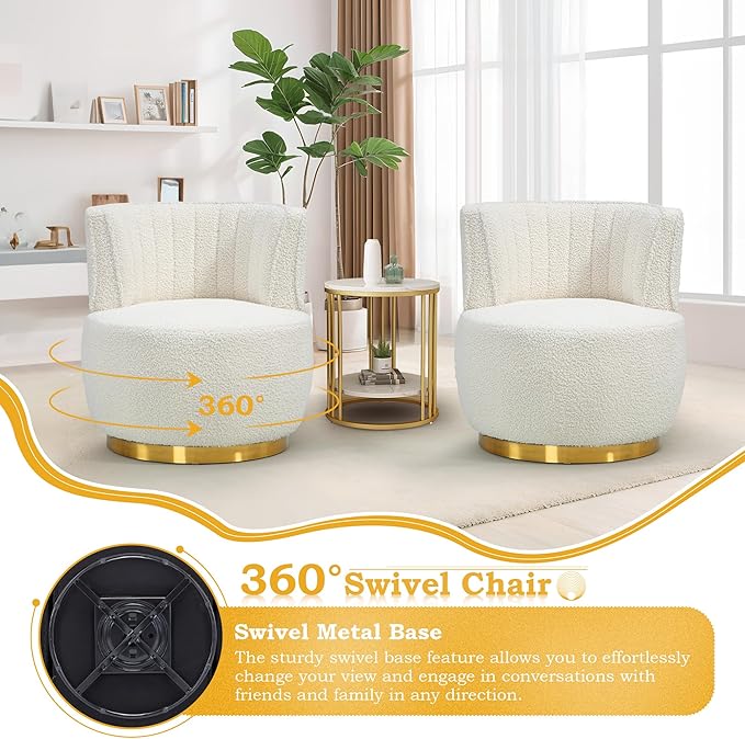 SLEERWAY 360° Swivel Barrel Chair Set of 2 Modern Teddy Round Accent Chair Comfy Upholstered Small Armchair with Gold Metal Base for Living Room Bedroom Nursery Sillas para Sala Cream White