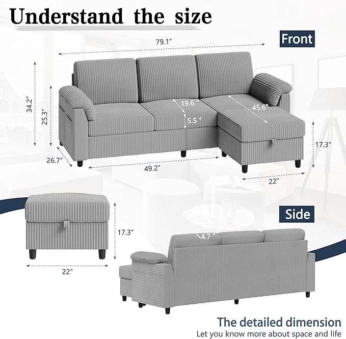Meilocar Sectional Sofa Couch for Living Room 79 Sectional Couches with Storage Ottoman L Shaped Couch with Sloping Armrests 3-Seat Sofa Couches for Small Space Light Grey | Breathable Material