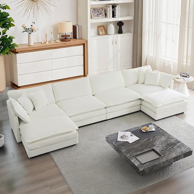 mikibama Modular Sectional Sofa 146.5 Inch U Shaped Couch Set for Living Room 4-Seater Comfy Cloud Couches with Two Movable Ottoman DIY Combination Chenille Beige