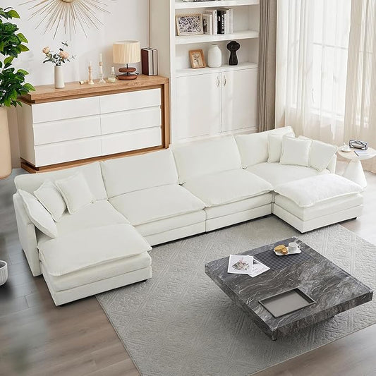 mikibama Modular Sectional Sofa 146.5 Inch U Shaped Couch Set for Living Room 4-Seater Comfy Cloud Couches with Two Movable Ottoman DIY Combination Chenille Beige