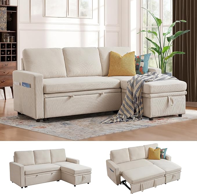 2-in-1 Convertible Sofa with Pull Out Bed 76 L Shaped Comfy Sectional Couch 3-Seater Sleeper Sofa with Reversible Storage Chaise for Living Room Beige