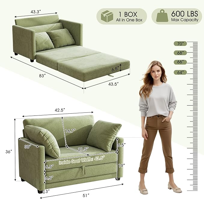 51 Loveseat Sleeper Sofa Bed Chenille Convertible Floor Sofa Bed for Small Spaces Folding Couch Bed with Deep Seat 2 Pillows &amp Solid Frame Pull Out Floor Couch for Living Room Green