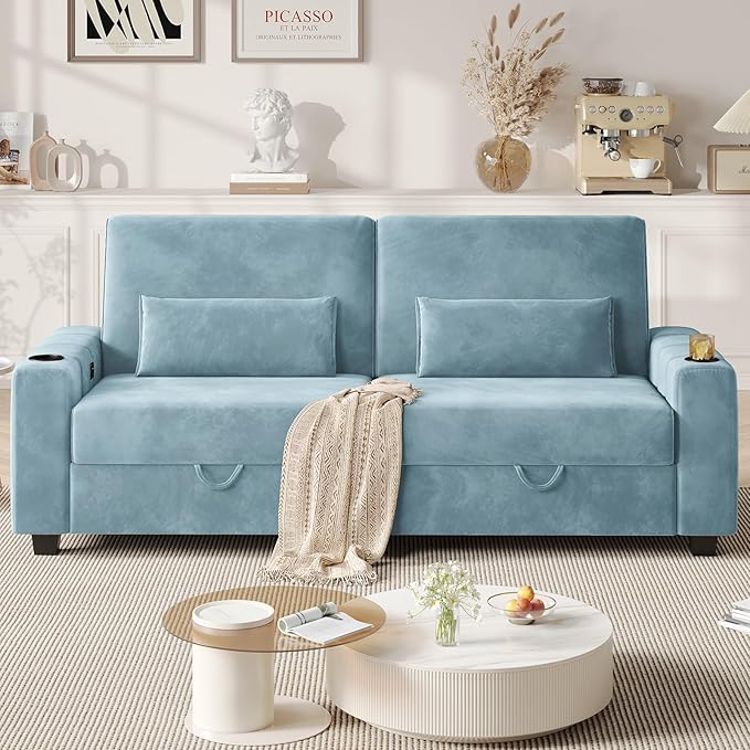 Loveseat Sofa Larger Couch Velvet Fabric with Storage Charging Ports Heightened Backrests Removable Cover Modern Comfy Couches Easy Assembly for Living Room 88 Inch Blue