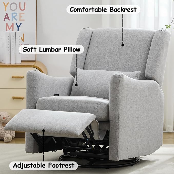 Lazy Boy Glider Recliner Nursery Chair with Wingback Swivel Rocker for Small Spaces Thick Cushion Linen (Grey 1)