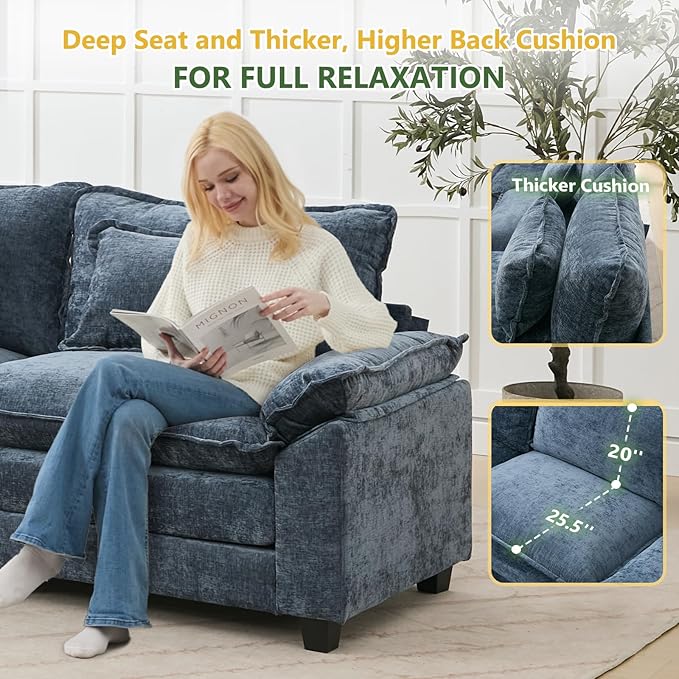 120 U Shaped Couch Modular Sectional Sofa Cloud Couch with Movable Ottoman Modern Chenille Deep Seat Sleeper Sofa with Throw Pillows for Living Room and Apartment (Blue 5-Seat)